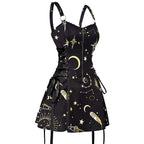 Women's Black Celestial Sun & Moon Lace-Up Mini Dress – S–XXL