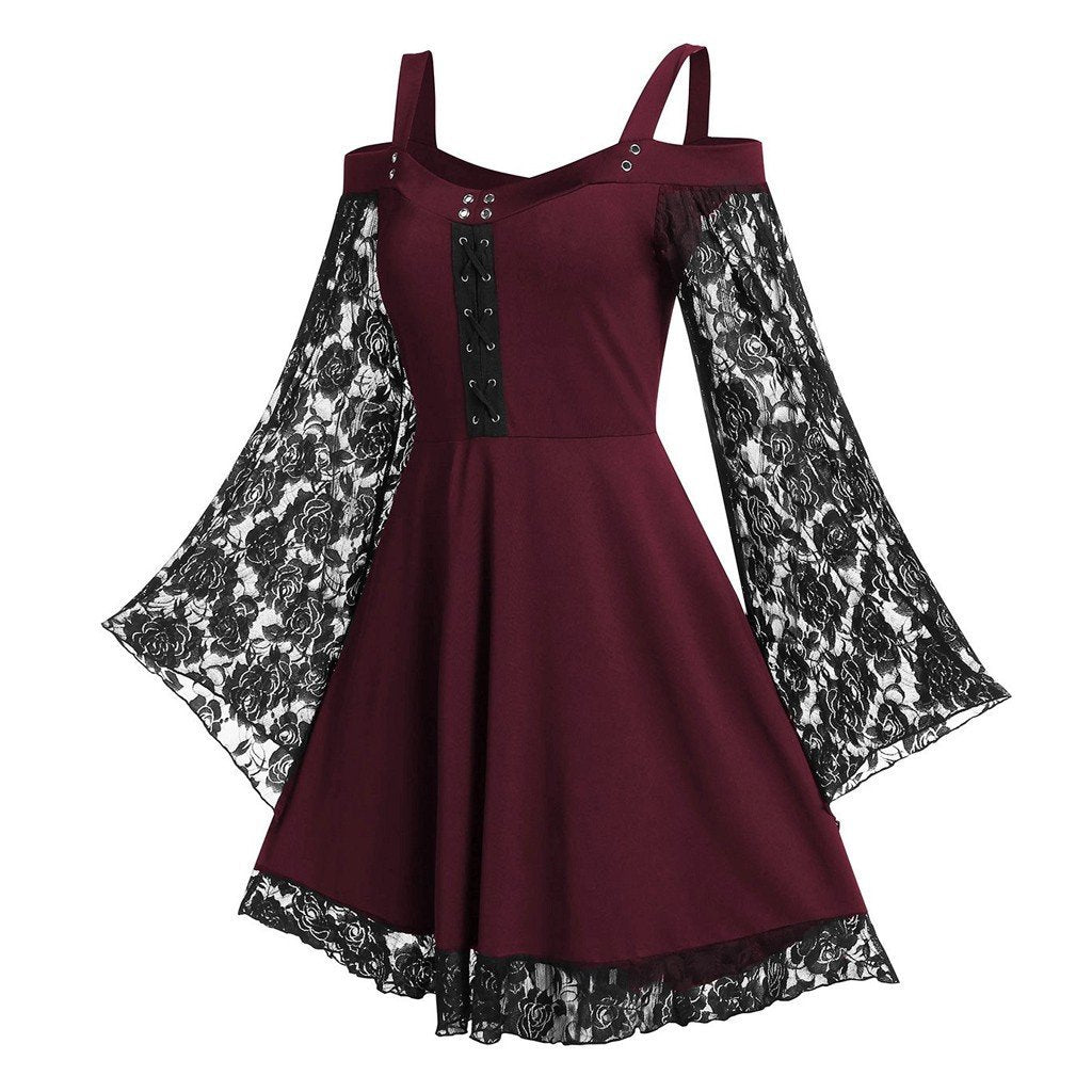 Women's Long Sleeve Gothic Dress – Black or Red, S–4XL