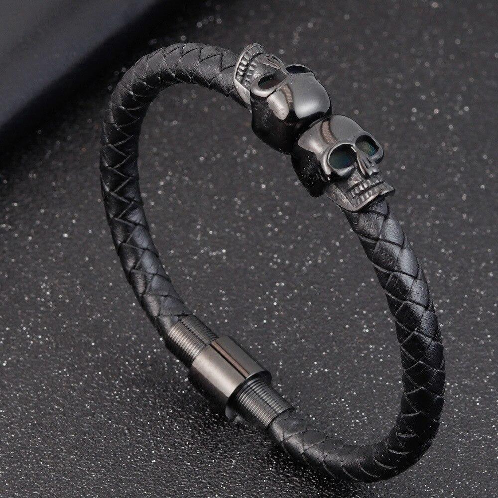 Men's Gothic Braided Leather Skull Bracelet – 19 & 21cm