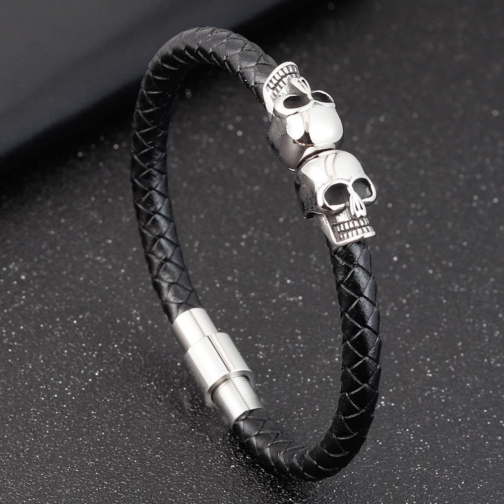 Men's Gothic Braided Leather Skull Bracelet – 19 & 21cm