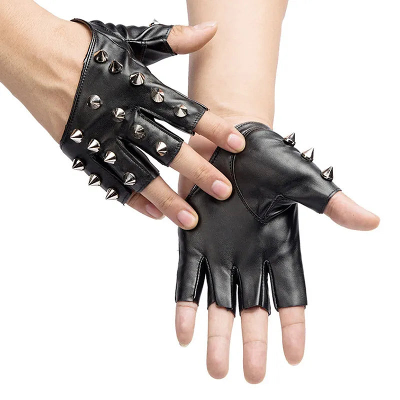 Black Gothic Rivet Fingerless Gloves – Faux Leather