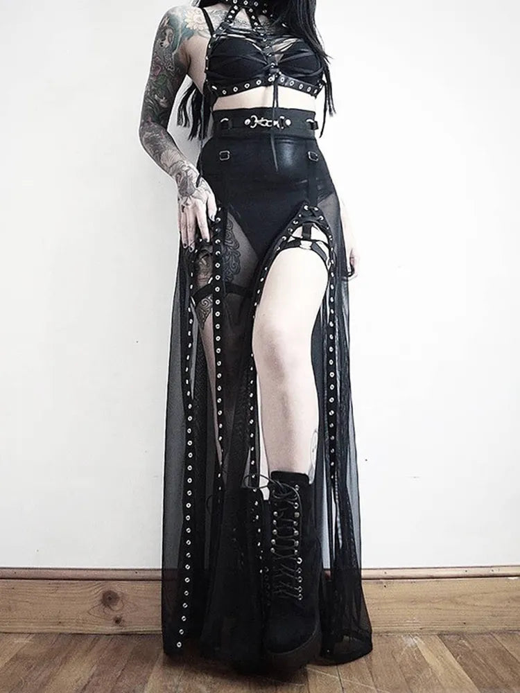 Women's Black Gothic Mesh Side-Slit Skirt