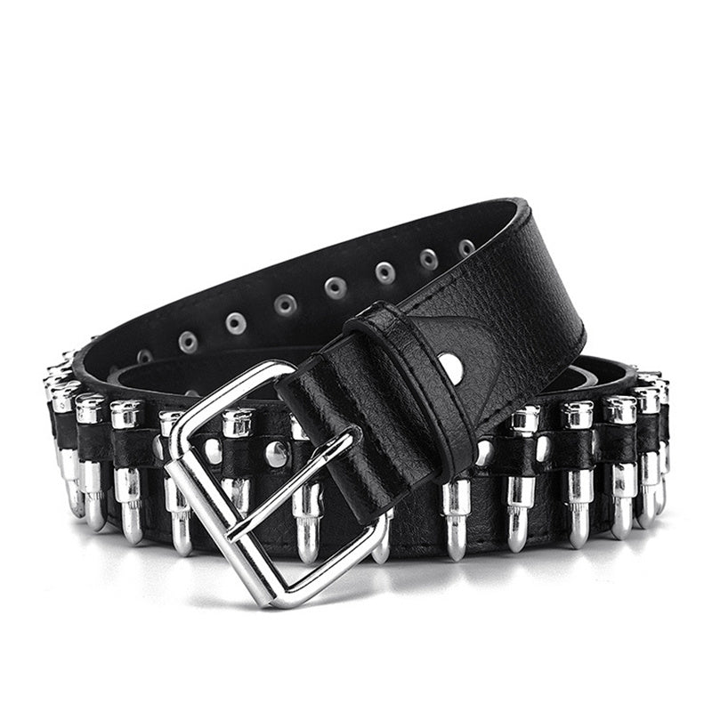 Black Gothic Bullet-Style PU Leather Belt – 105cm