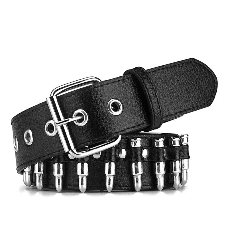Black Gothic Bullet-Style PU Leather Belt – 105cm