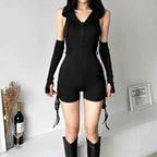 Women's Black Hooded Backless Romper – S–L