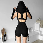Women's Black Hooded Backless Romper – S–L