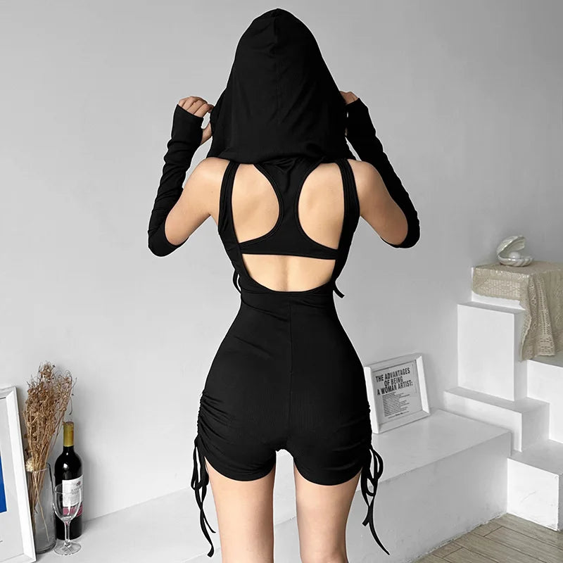 Women's Black Hooded Backless Romper – S–L