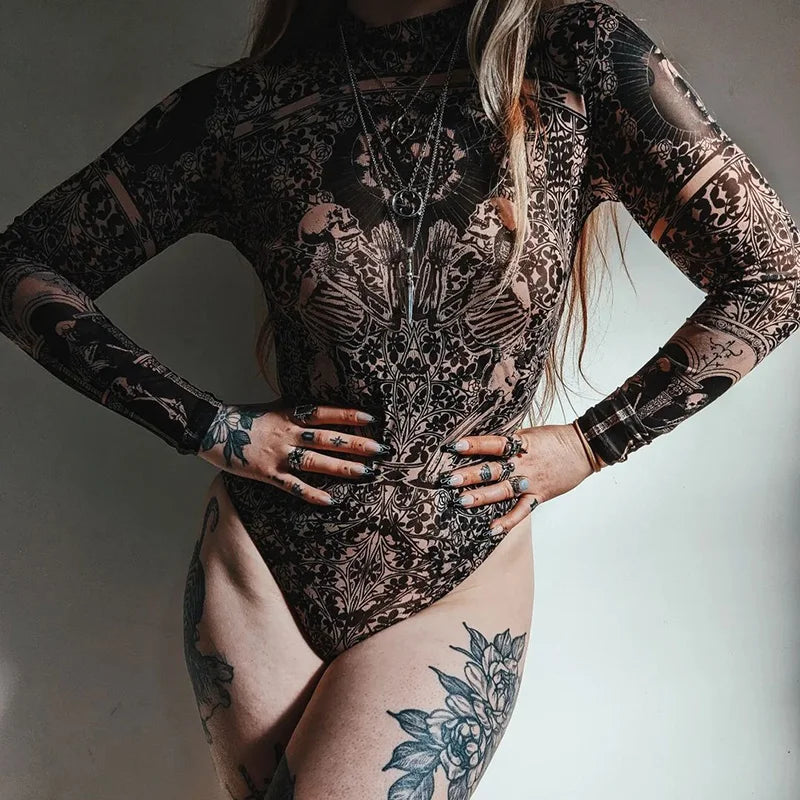 Women's Black Gothic Print Bodysuit – S–L