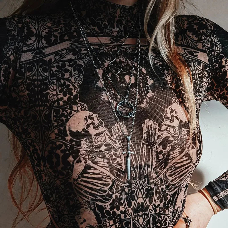 Women's Black Gothic Print Bodysuit – S–L