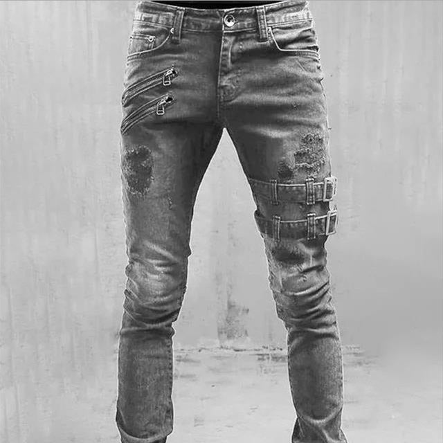 Men's Gothic Buckle Jeans – Black, Blue or Grey