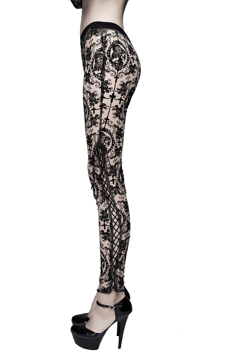 Women's Gothic Lace Cameo Leggings – Black & Nude, XS–3XL