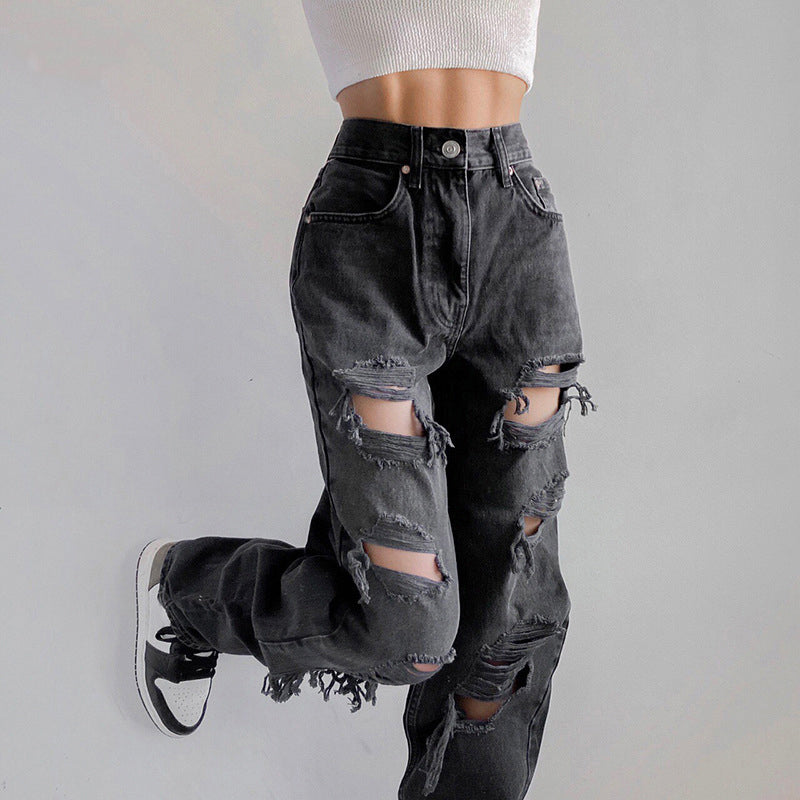 Women's Ripped Gothic Jeans – Black & Brown, S–XL