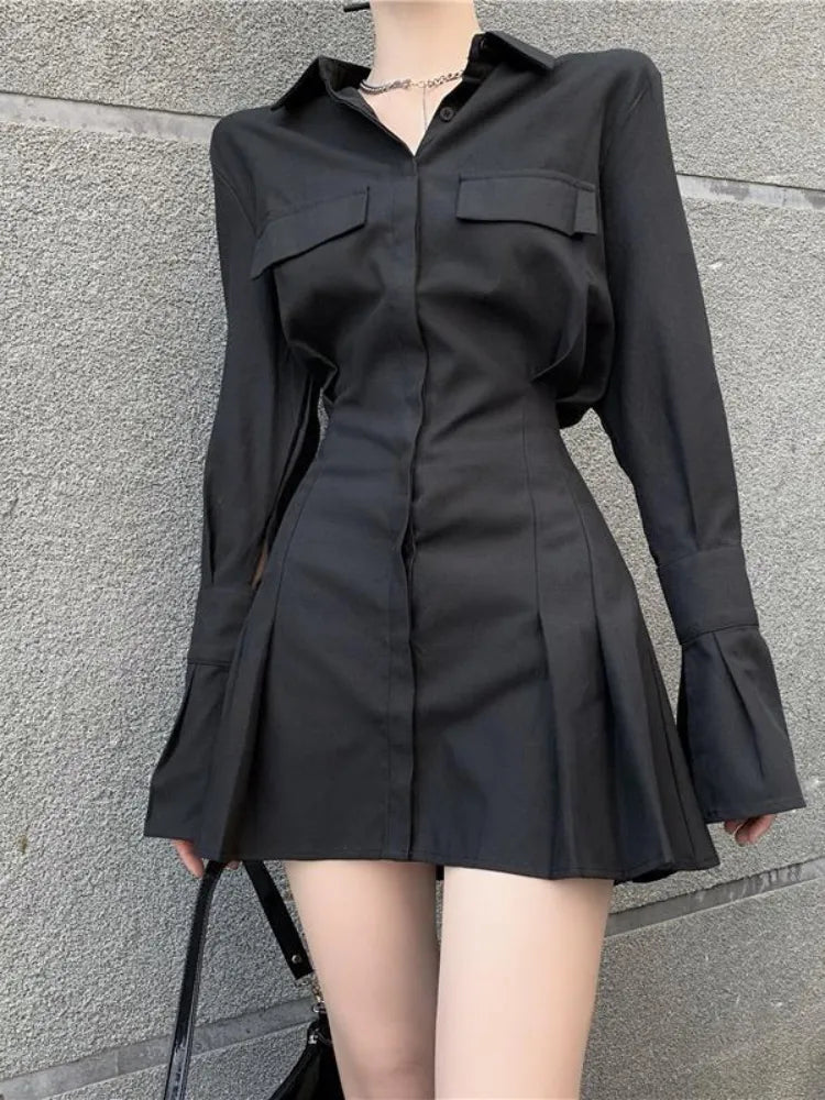 Women's Black Pleated Long-Sleeve Shirt Dress