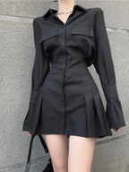 Women's Black Pleated Long-Sleeve Shirt Dress