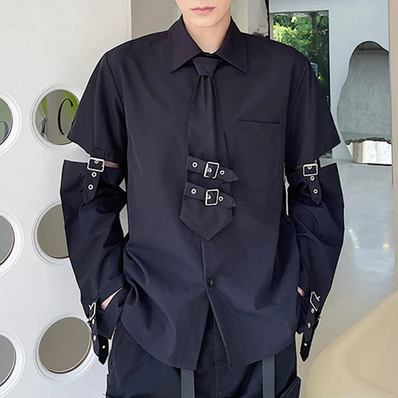 Men's Black Gothic Techwear Patchwork Shirt – Short Sleeve