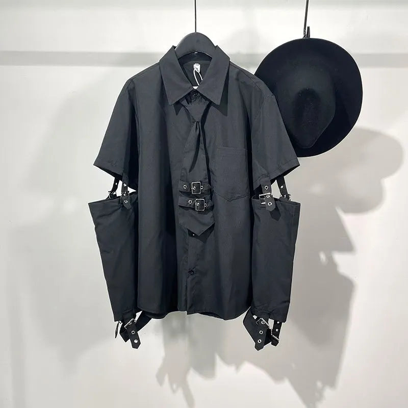 Men's Black Gothic Techwear Patchwork Shirt – Short Sleeve