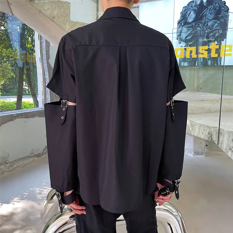 Men's Black Gothic Techwear Patchwork Shirt – Short Sleeve