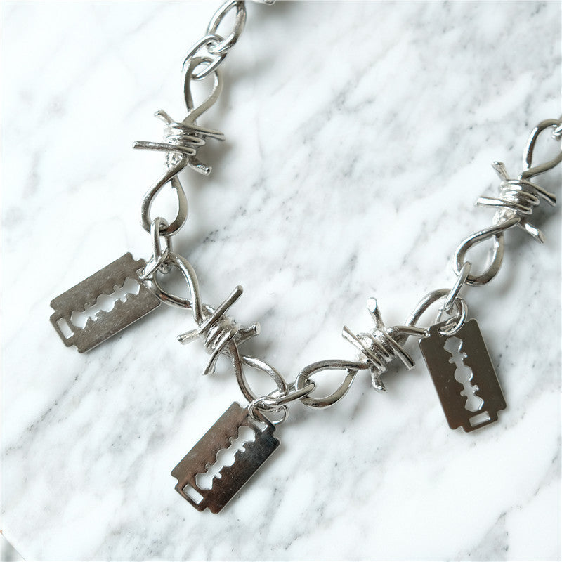 Gothic Razor Blade & Barbed Wire Necklace – Punk Chain