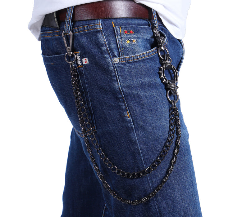 Gothic Skull & Cog Double Wallet Chain – 66cm