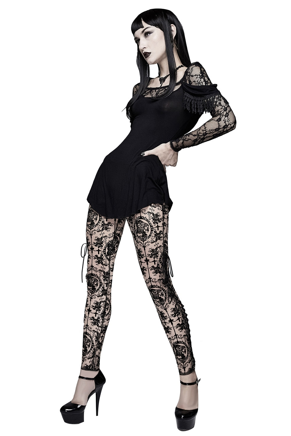 Women's Gothic Lace Cameo Leggings – Black & Nude, XS–3XL
