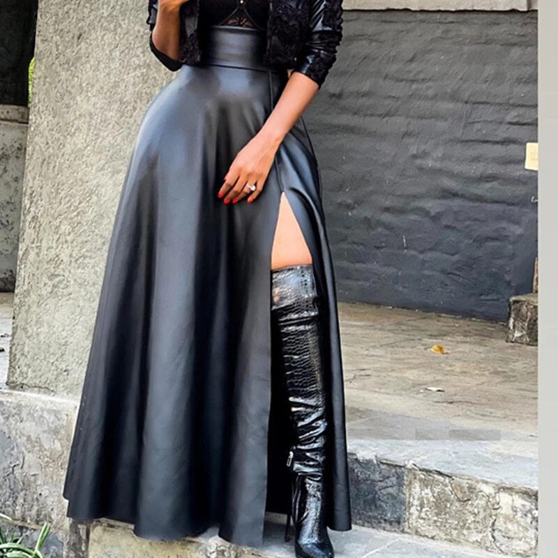 Women's Black High-Waist Faux Leather Split Skirt