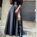 Women's Black High-Waist Faux Leather Split Skirt