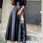 Women's Black High-Waist Faux Leather Split Skirt
