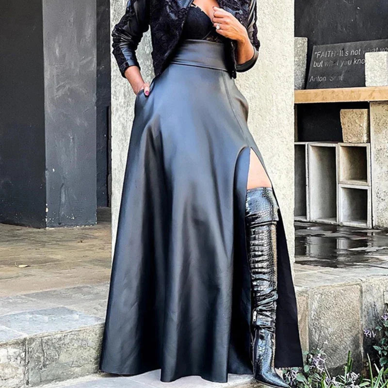 Women's Black High-Waist Faux Leather Split Skirt