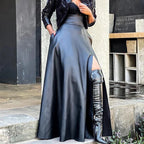 Women's Black High-Waist Faux Leather Split Skirt