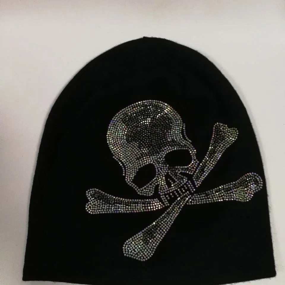 Black Gothic Skull Rhinestone Beanie