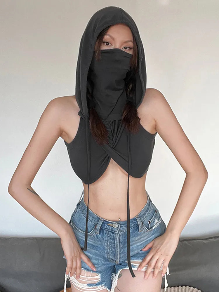 Women's Grey Hooded Crop Tank Top