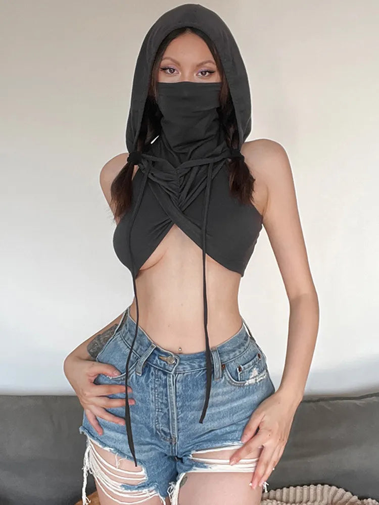 Women's Grey Hooded Crop Tank Top