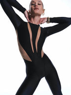 Women's Black Mesh Patchwork Long-Sleeve Jumpsuit