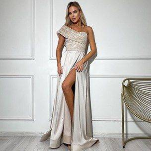 asymmetrical maxi beige dress - formal gown