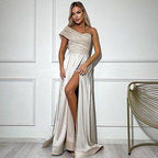asymmetrical maxi beige dress - formal gown