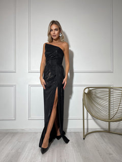 Black shimmer off-shoulder evening gown with draped overlay skirt — floor-length — GLOWSYOU UK