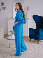 Women's Linen Co-Ord Set with Trousers – Blue & Green
