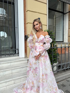 Custom made maxi floral dress- elegant wedding dress with detachable sleeves