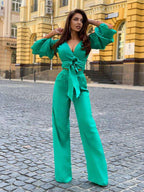Women's Linen Co-Ord Set with Trousers – Blue & Green