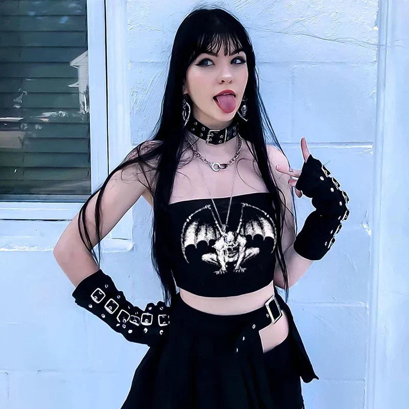 Women's Black Demon Print Gothic Crop Top