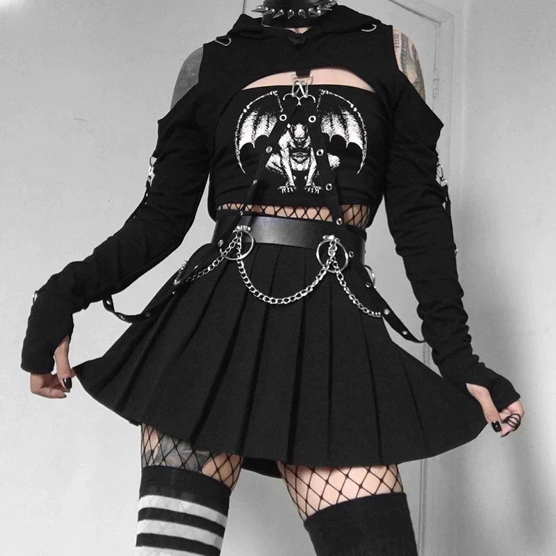 Women's Black Demon Print Gothic Crop Top