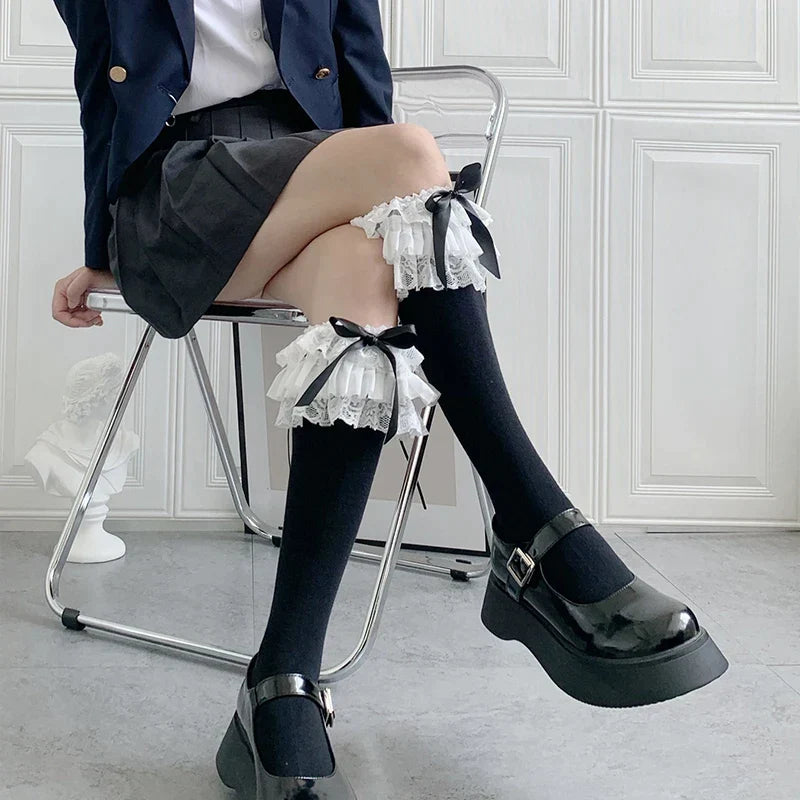 Women's Black Lolita Lace Long Socks – One Size