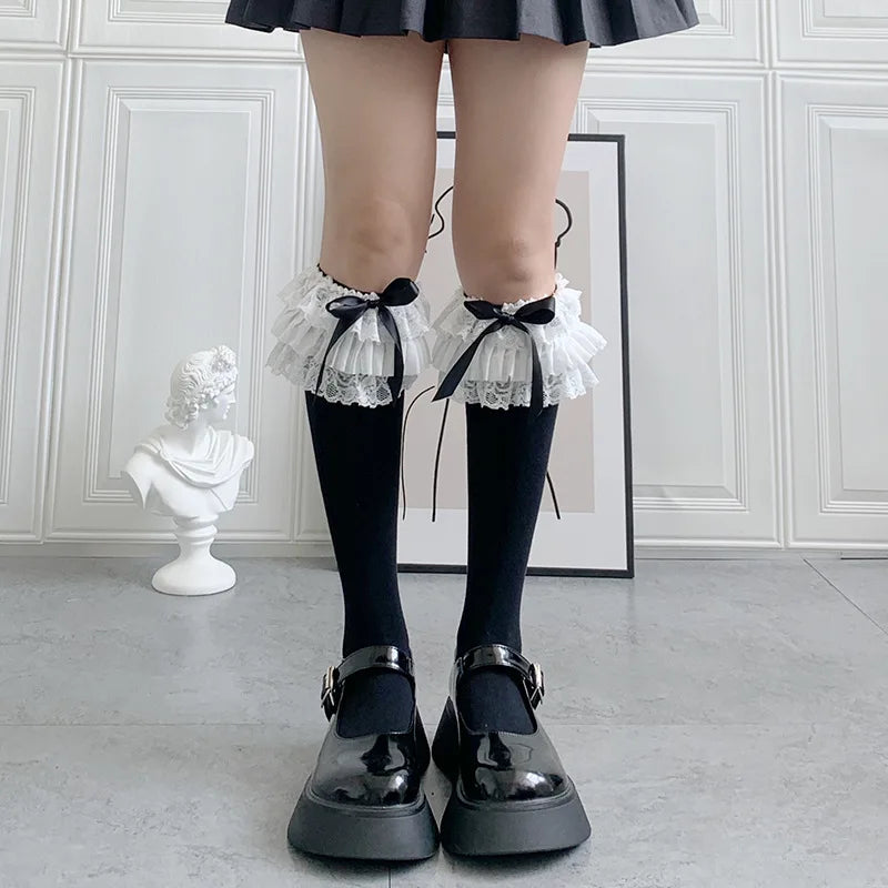 Women's Black Lolita Lace Long Socks – One Size