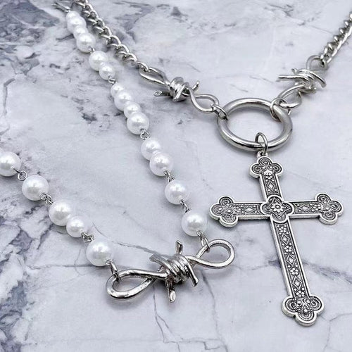 Cross Necklace Set with Pearl-Style Beads