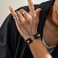 Gothic Rivet Chain Hand Bracelet with Ring – Silver