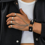 Gothic Rivet Chain Hand Bracelet with Ring – Silver