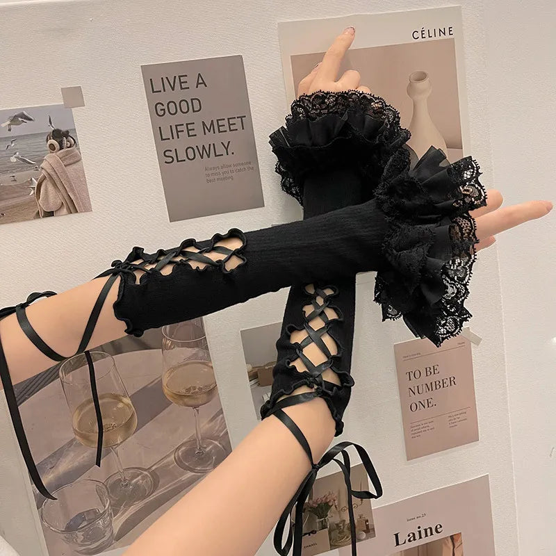 Women's Black Lolita Lace Fingerless Gloves