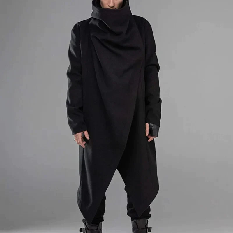 Men's Black High-Collar Long Coat – S–4XL