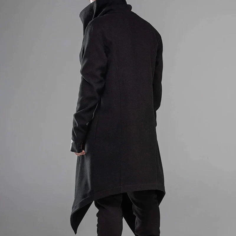 Men's Black High-Collar Long Coat – S–4XL