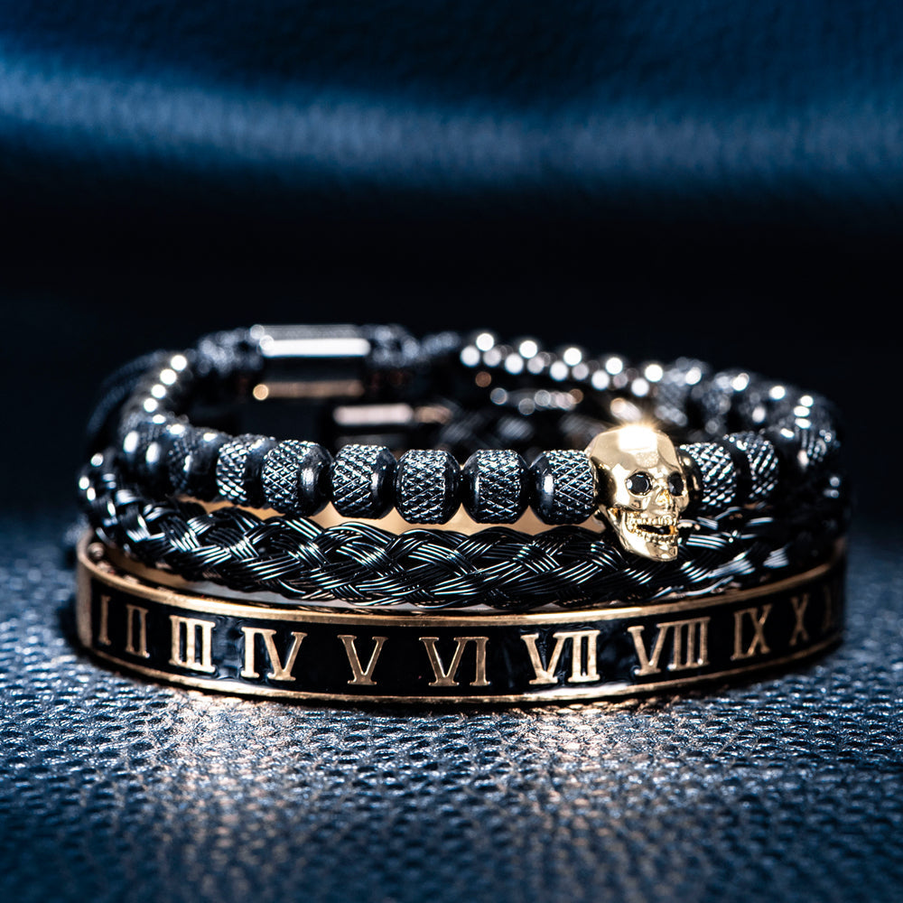 Men's Gothic Skull Bracelet Set with Cubic Zirconia – 3 Colours